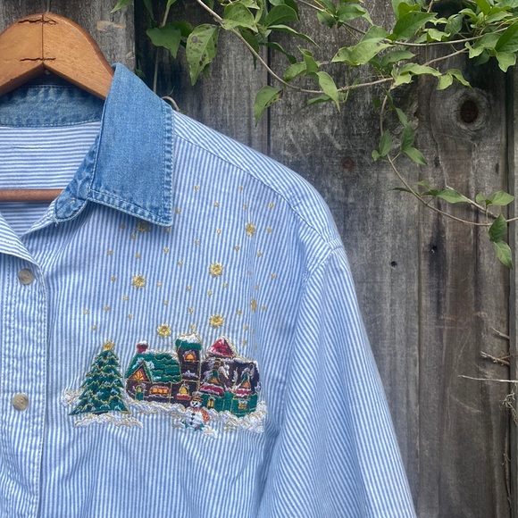 Vintage Christmas Denim Buttondown Shirt|cottagecore Christmas village Holiday - Picture 2 of 10